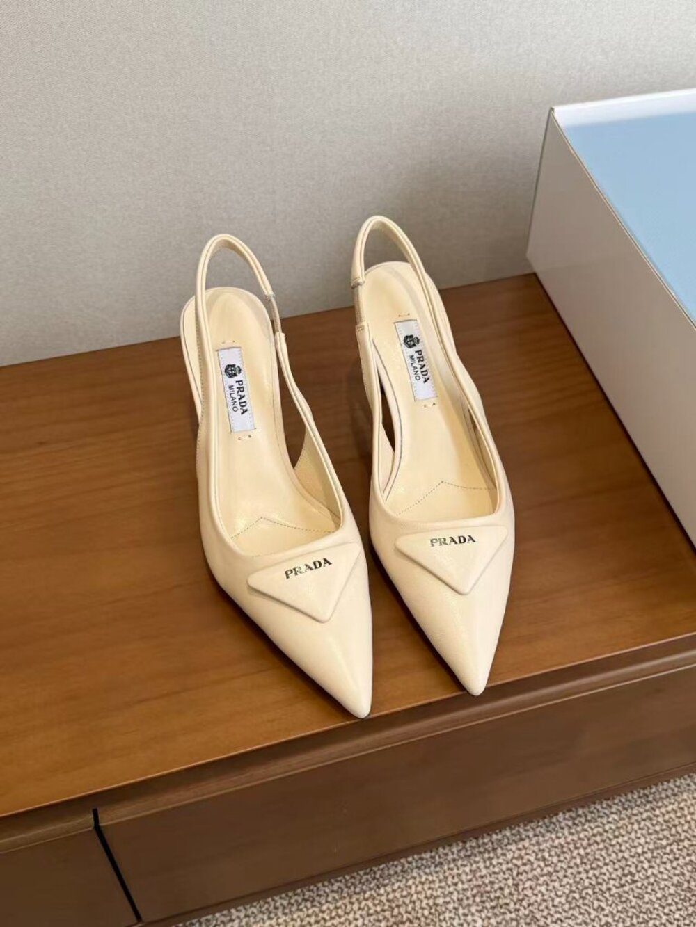 Prada Cream Patent Leather Slingback Kitten Heels